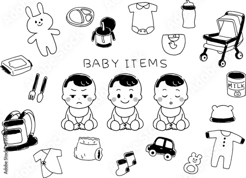 ベビー用品と赤ちゃんのイラスト素材セット　線画