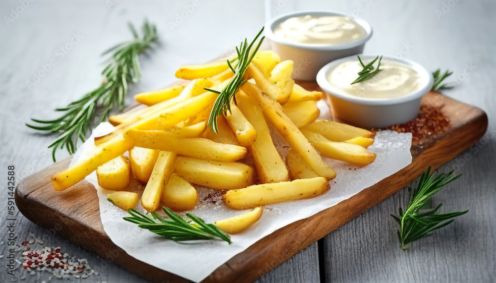 Baked potato fries with mayonnaise, salt, pepper and rosemary. French fries with mayonnaise. AI Generated.