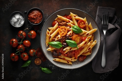 delicious plate of pasta with fresh tomato sauce and aromatic basil. Generative AI
