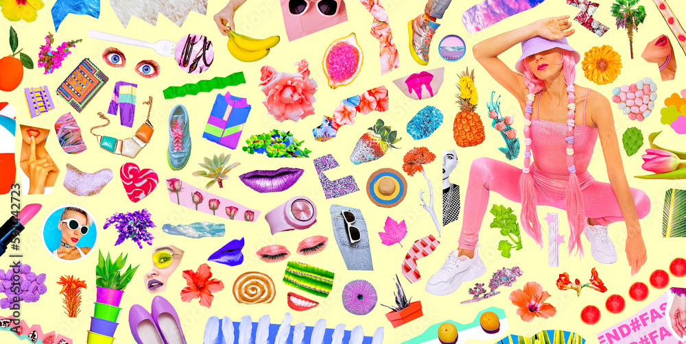 Fototapeta premium Contemporary digital collage art. Chaos banner from various photo objects. Fashion 90s party concept.