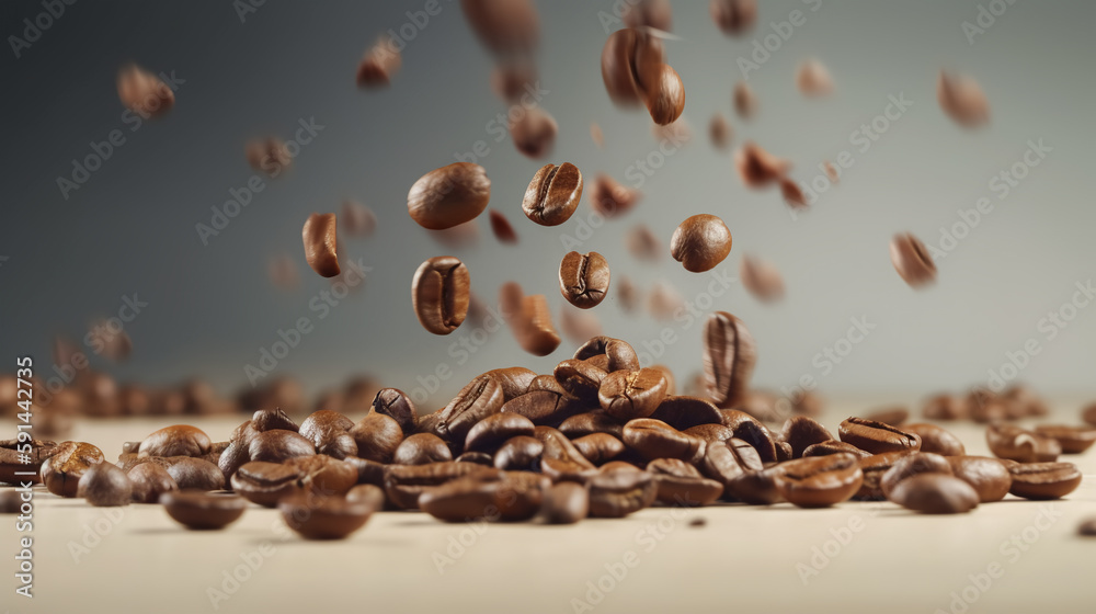 Obraz premium Roasted brown coffee beans fall and fly on light background. Concept of invigorating coffee for breakfast. Generative AI.