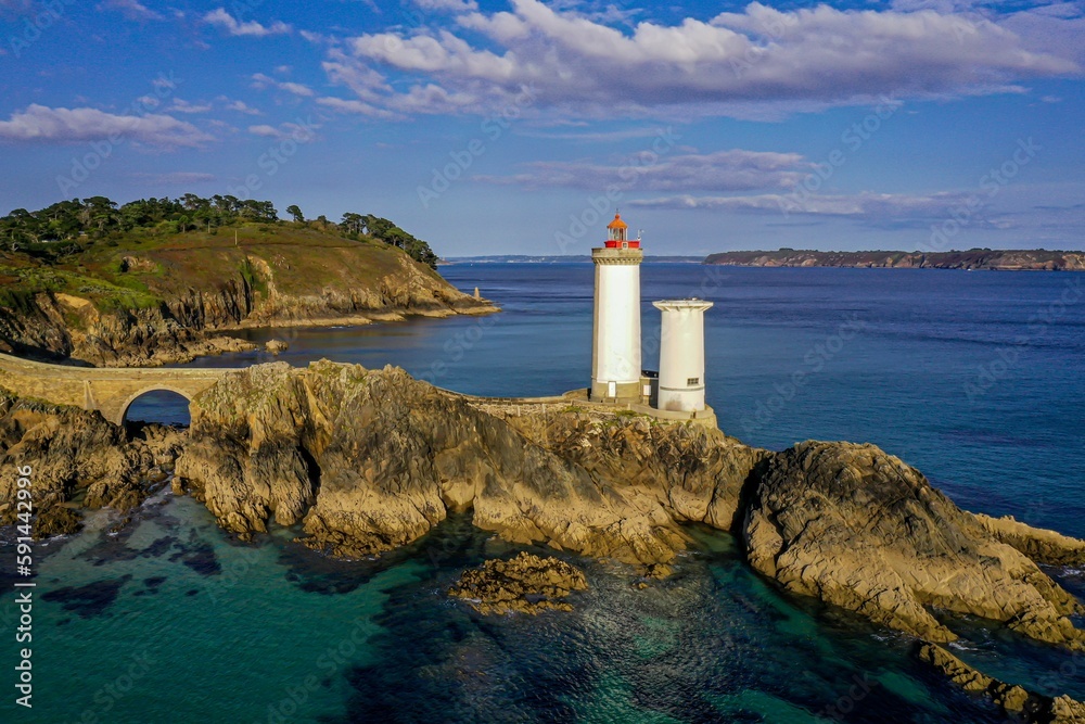 View of Le Phare du Petit Minou. Lighthouse in Plouzane, France.