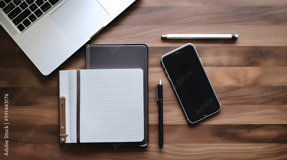laptop, smartphone, pen and notebook lying on wooden desk. Generative AI laptop, smartphone, pen and notebook lying on wooden desk. Generative AI