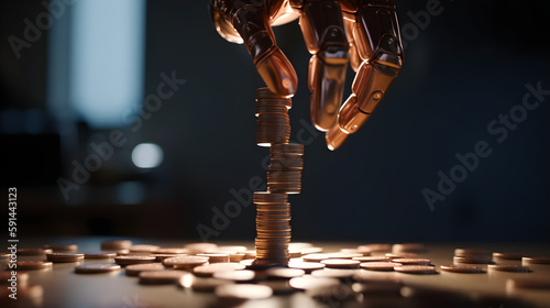 a robot hand builds a tower of pennies. Generative AI