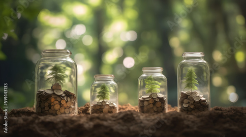 jars full of coins and plants arranged in the forest. Generative AI