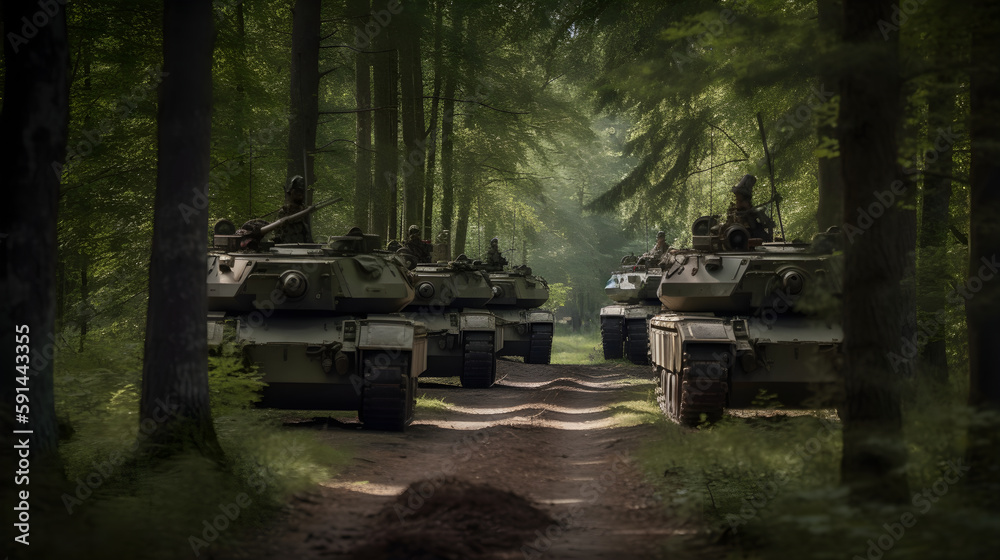 Ukrainian tanks in the forest are waiting for a spring counterattack. Generative AI