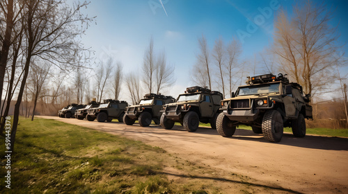 armored jeeps stand and wait for the Ukrainian counterattack. Generative AI © Tomas