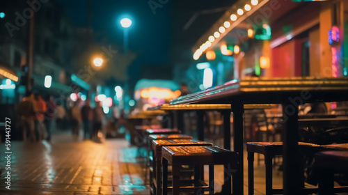 Summer cafes on lively street in the light of bright lights on blur background. Carefree night summer vacation at resort. Concepts festival and holiday. Generative AI. High quality illustration