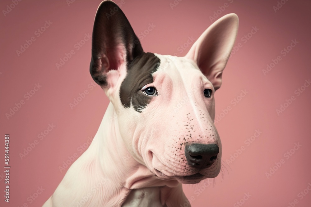 A black and white dog with a pink background created with Generative AI 