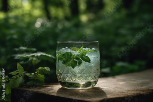 A refreshing cocktail  showcasing a botanical gin-based drink  garnished with fresh herbs  such as basil or thyme  and served in a stylish  modern glass. Generative AI