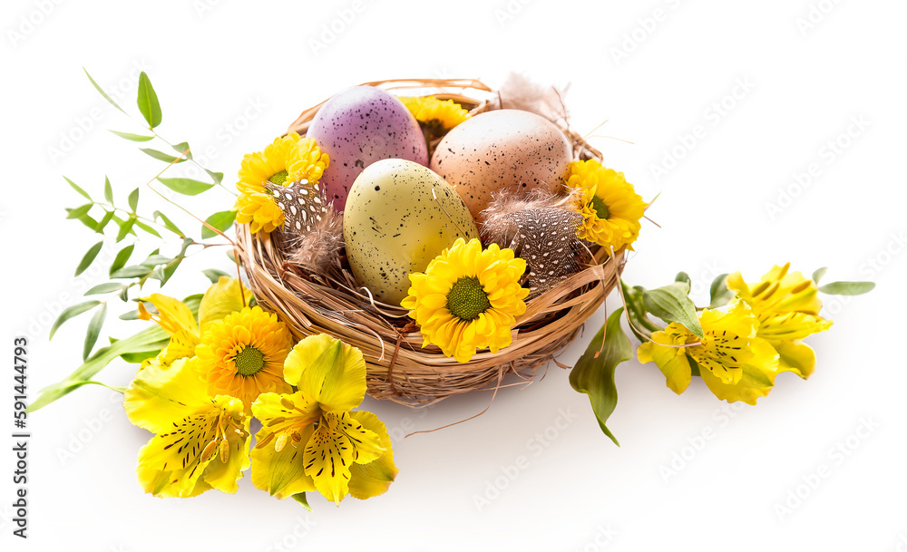 PNG. Happy Easter. Three spotted eggs in the nest and spring yellow flowers. isolate