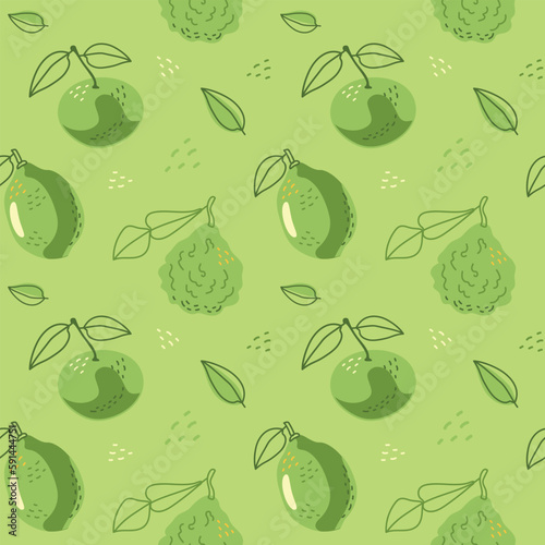 Seamless pattern of healthy green citrus fruits in a hand-drawn style. Vector illustration on a green background for fabrics, wallpaper, decor