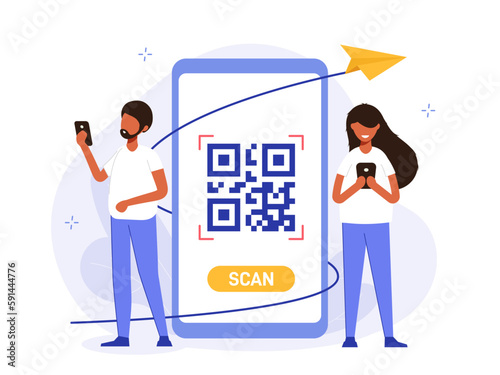 QR code scaner illustration concept. Guy and a girl standing by a big phone, scanning a qr code to follow a link or pay. Modern technology creative flat vector.