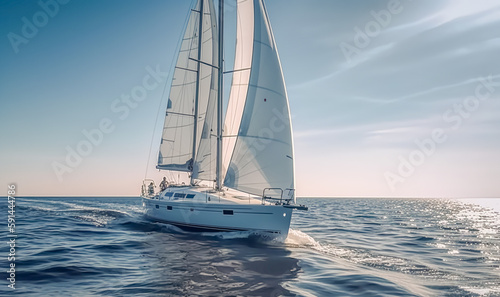 Beautiful snow -white private sailboat in blue ocean. Generative AI. High quality illustration