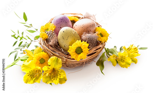 PNG. Happy Easter. Three spotted eggs in the nest and spring yellow flowers. isolate