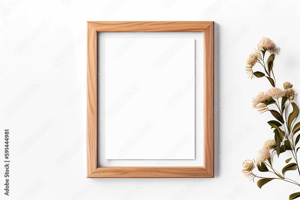 Blank wooden frame mockup on white background. Generative ai. Blank wooden frame mockup on white background. Generative ai.