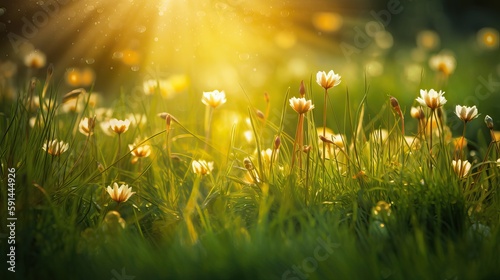 Beautiful meadow and sky spring sunrise background, Generative AI