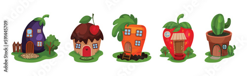 Fairy Garden Houses Rested on Green Lawn Vector Set