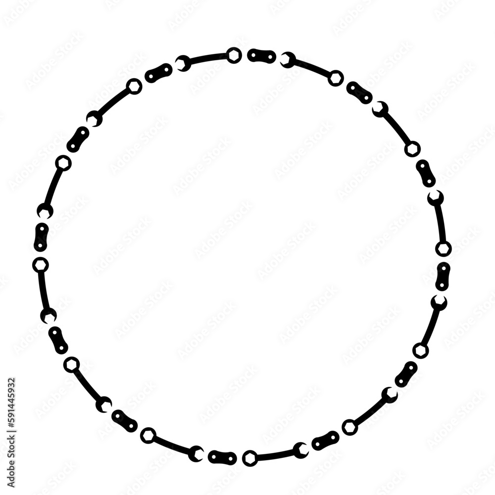 Border made of bicycle chain and tools and chain rings Border made of bicycle chain and tools and chain rings