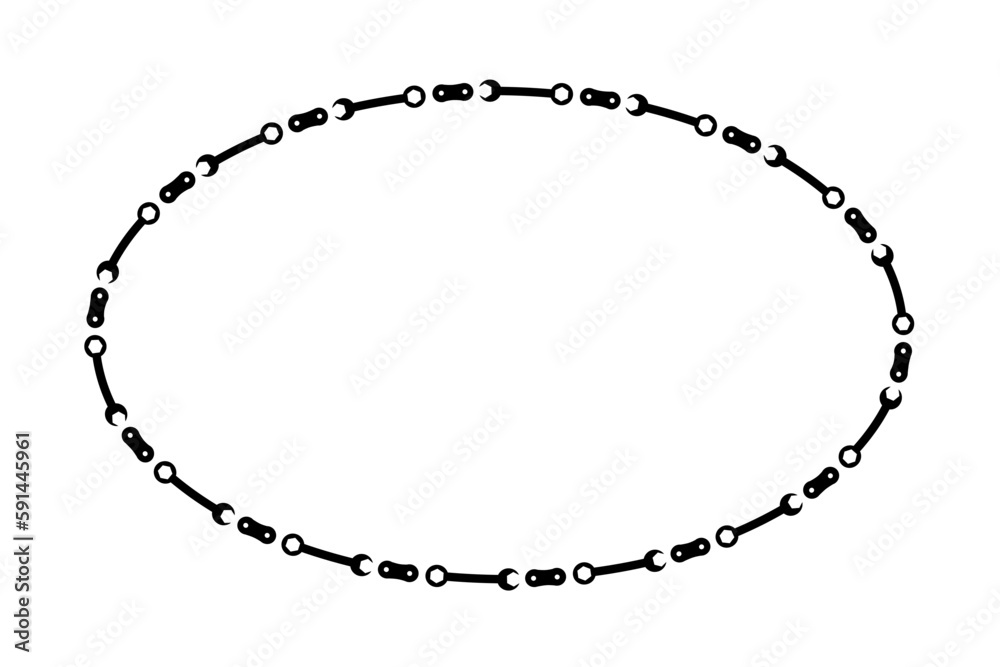 Ellipse border made of bicycle chain and tools and chain rings Ellipse border made of bicycle chain and tools and chain rings