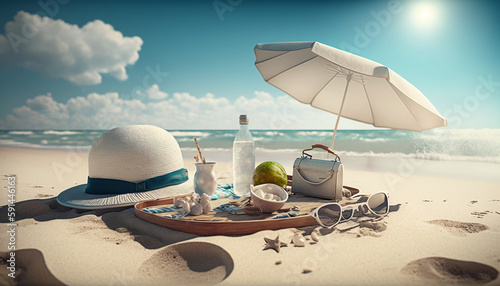 Beach white umbrella on idyllic tropical sand beach, picnic. Vacation and travel concept. AI Generated