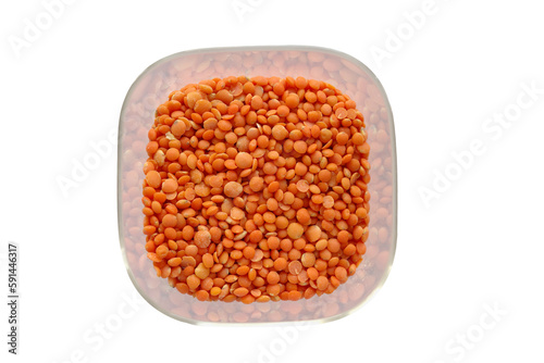 Red lentils in a glass container from above isolated on transparency png