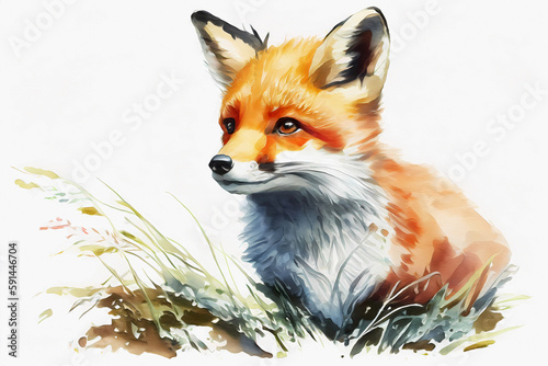 Watercolor little fox in gras. Generative ai.