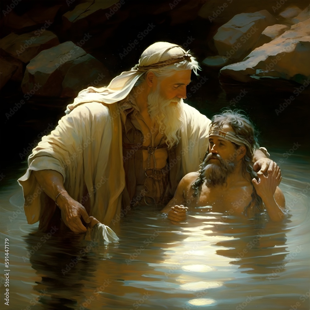 Christian prophet baptizing a follower in a river biblical times