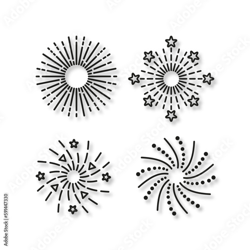 Firework icons set. Line sparkle explosion. Happy new year shiny symbol. Burst stars and sparks. Vector illustration. Outline birthday party elements isolated on white background.