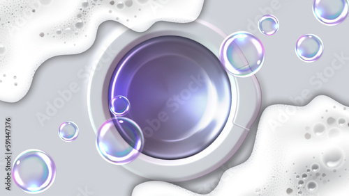 Washing machine , soap bubbles and foam. Detergent or laundry design. Vector illustration