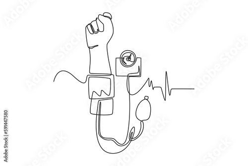 Single one line drawing hand check blood pressure. World hypertension day concept. Continuous line draw design graphic vector illustration.