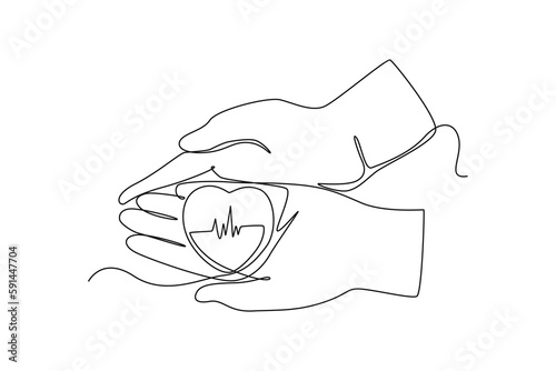 Single one line drawing heart pulse in hand. World hypertension day concept. Continuous line draw design graphic vector illustration.