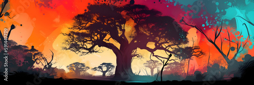 Fototapete Beautiful landscape - African savannah with accacia and baobab trees landscape painting, vibrant safari wallpaper