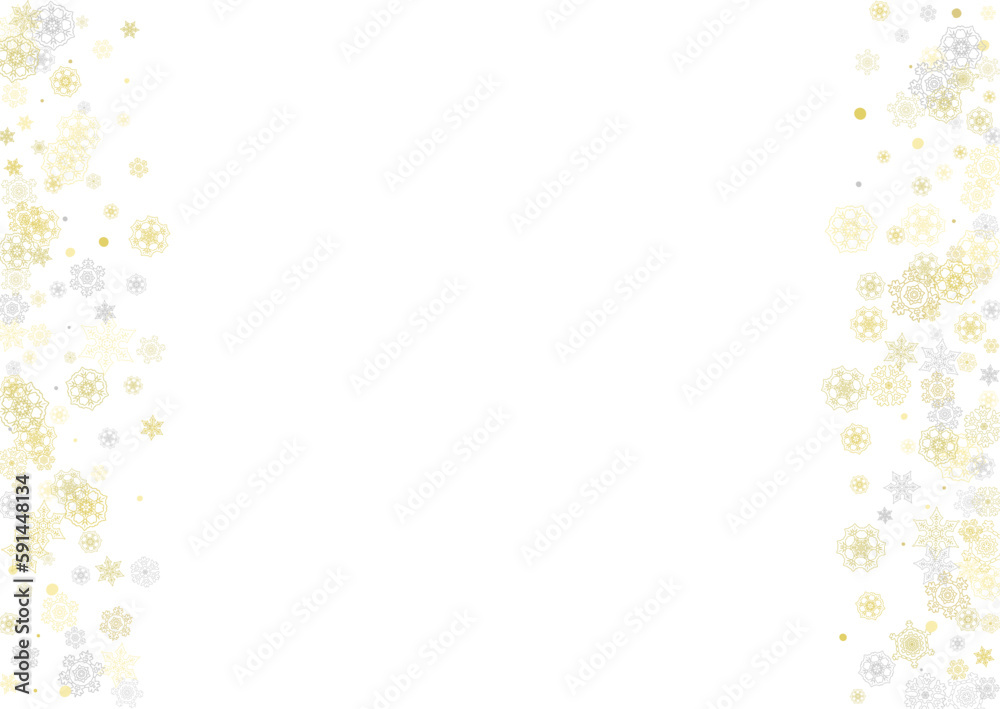 Gold snowflakes frame on white background. New year theme. Horizontal shiny Christmas frame for holiday banner, card, sale, special offer. Falling snow with gold snowflake and glitter for party invite Gold snowflakes frame on white background. New year theme. Horizontal shiny Christmas frame for holiday banner, card, sale, special offer. Falling snow with gold snowflake and glitter for party invite