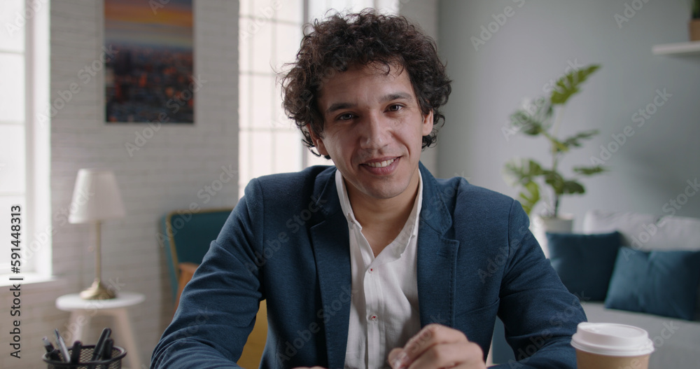 Naklejka premium Asian human resources manager having an interview with an applicant. Male employee at a remote team meeting looking at camera