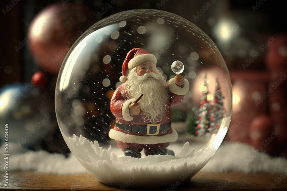 Christmas Santa in Glass snow globe , realistic 3d design. Festive sphere object, generative AI.