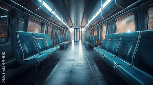 Empty subway car interior with blue seats. Generative AI