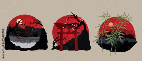 Asian theme icons set elements for your logo design, stickers prints for fabric, clothes.