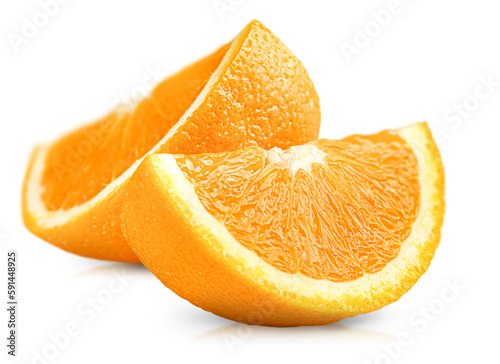 two fresh orange slices on a white isolated background