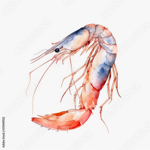 Shrimp on white background, watercolor illustration. Generative AI.