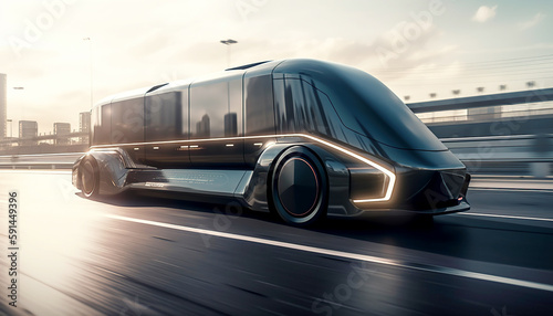 Electric black futuristic truck rides on the road. Cargo transportation concept. Created with generative Ai © Scovad