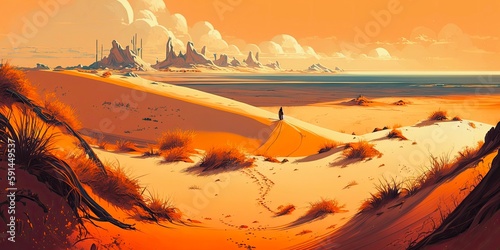 Sandy landscape of a empty desert under the scorching sun. Generative AI.