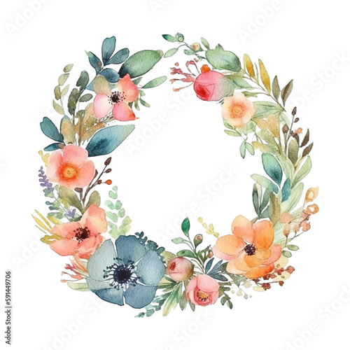 Spring flower wreath watercolor generative AI illustrations