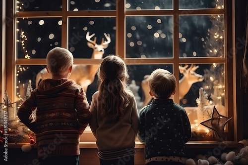The children are watching the reindeer outside the window on the street, reindeer at Christmas, generative AI.