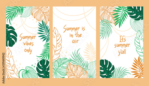 Summer background with tropical leaves in pastel colors. Vector