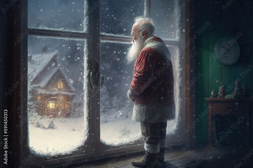 Santa looks out the window at the snow, evening snowfall, generative AI.