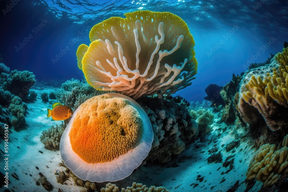 two different species of sea anemones living on a vibrant coral reef. Generative AI two different species of sea anemones living on a vibrant coral reef. Generative AI
