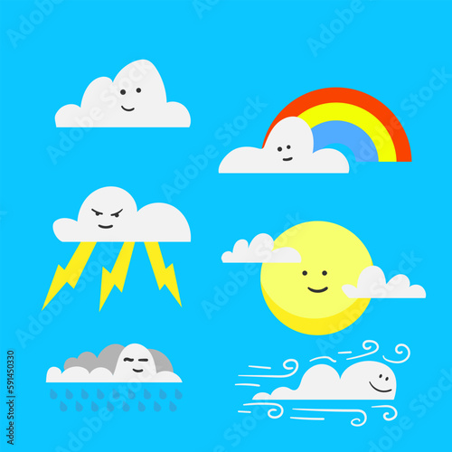 selection of adorable illustrations of various cloud emotions and weather