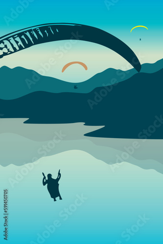 paragliding adventure with friends on mountain landscape at sunset