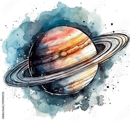 Watercolor illustration of Saturn planet of solar system. Hand drawn illustration isolated on white background.